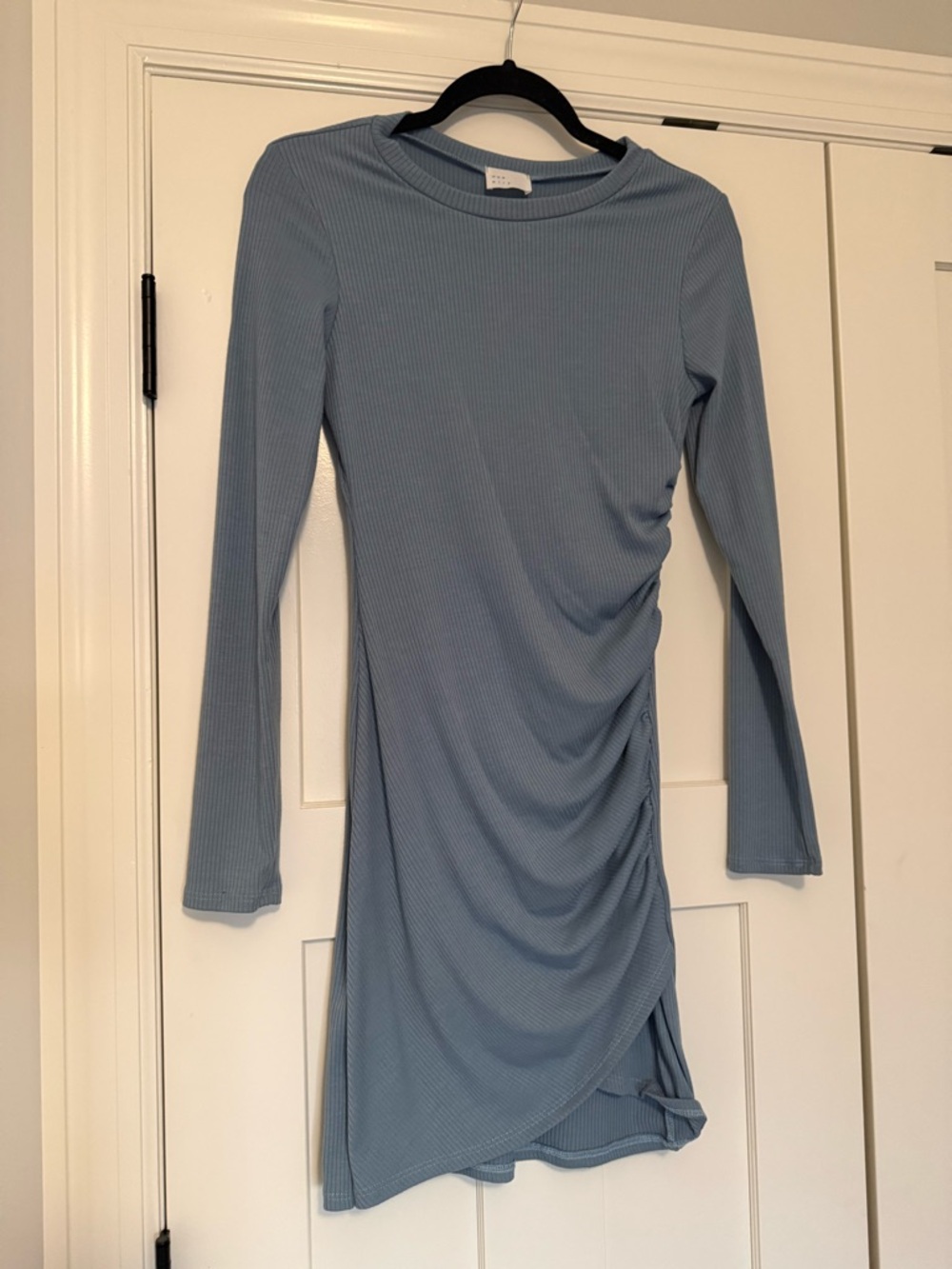 Ribbed Long-Sleeve Blue Side-Ruched Dress
